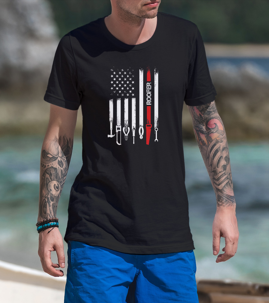 American Flag Roofer Tools Vertical Stripe T-Shirt