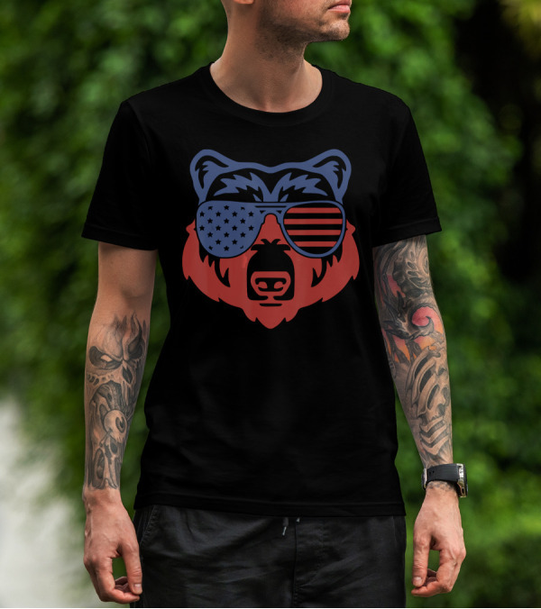 American Patriotic Bear With Flag Sunglasses T-Shirt