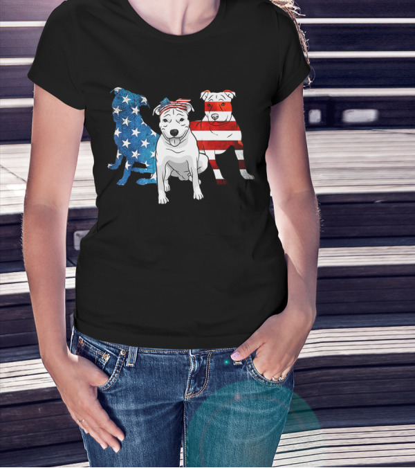 American Pitbull Trio With US Flag T-Shirt