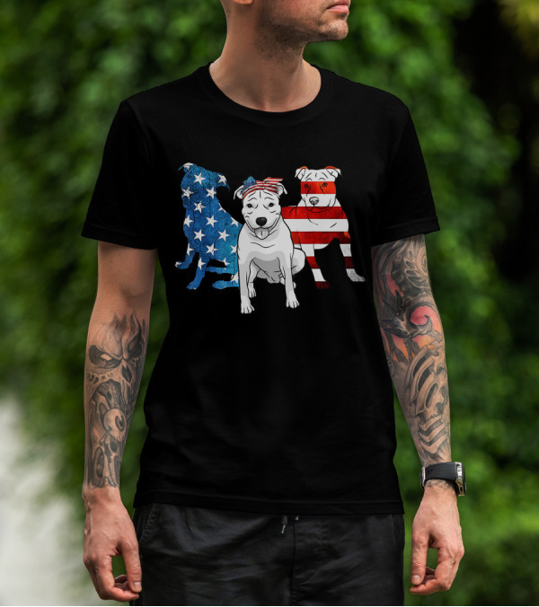 American Pitbull Trio With US Flag T-Shirt