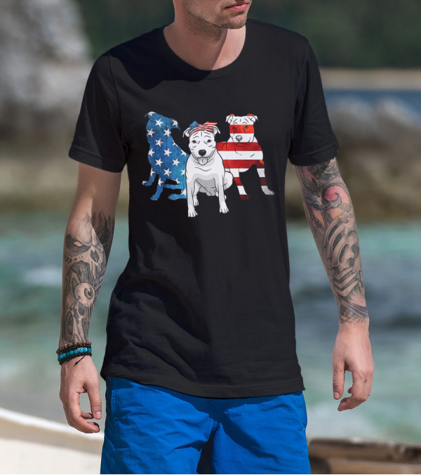American Pitbull Trio With US Flag T-Shirt