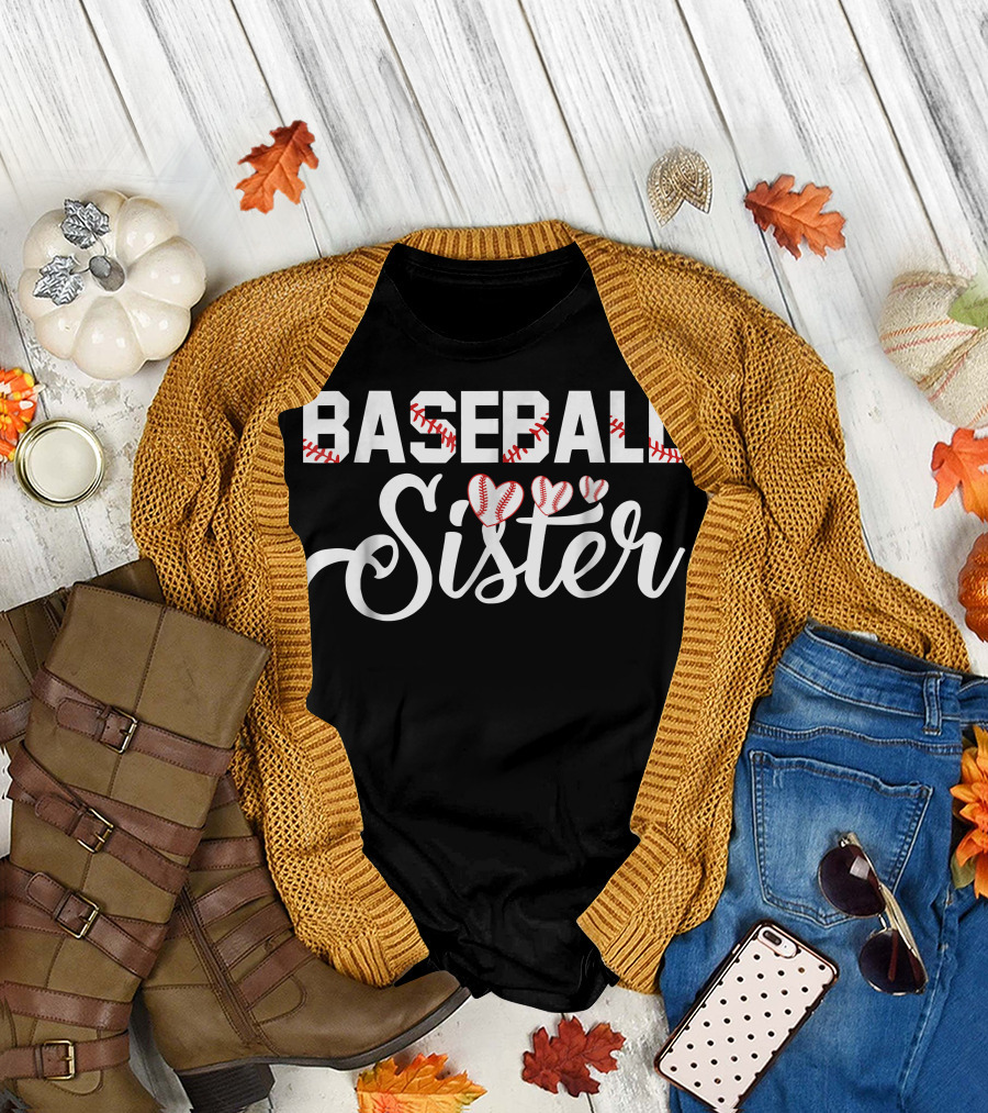 Baseball Sister with Heart Baseball Stitching Elements T-Shirt