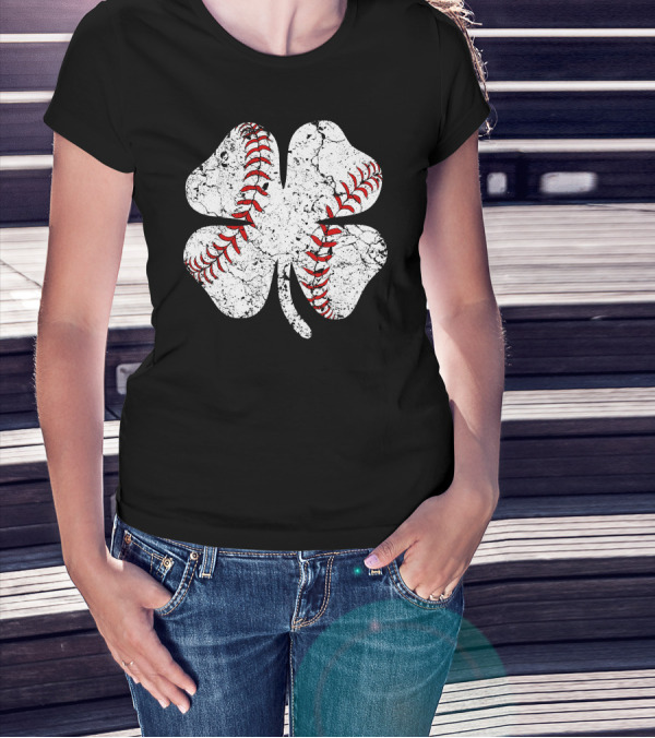 Baseball St Patricks Day Clover Stitching T-Shirt