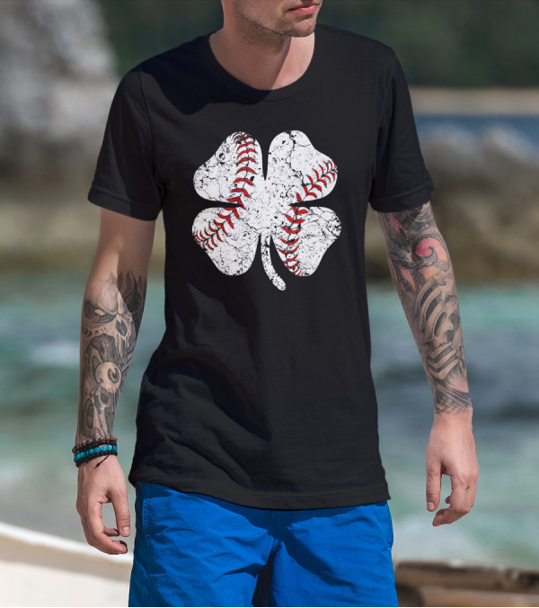 Baseball St Patricks Day Clover Stitching T-Shirt
