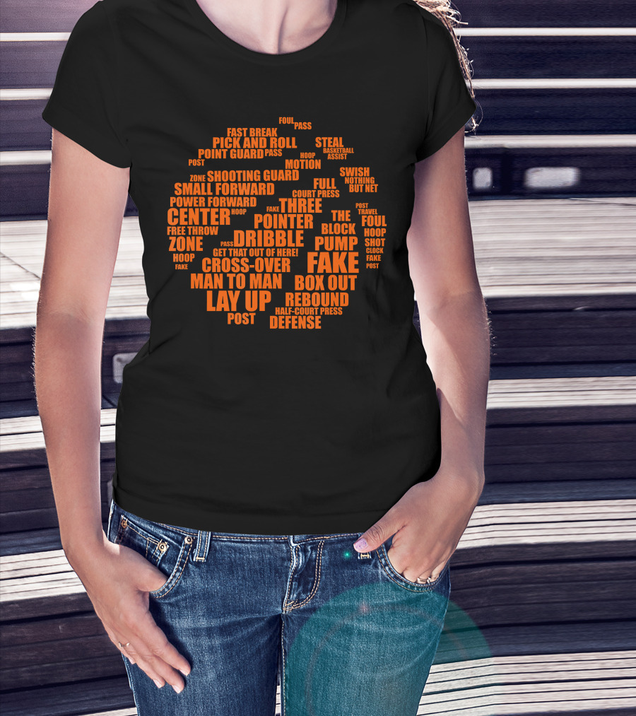 Basketball Terms Motivational Word Cloud Lay Up Dribble Fake Defense Center Three Pointer T-Shirt