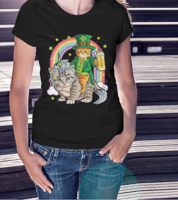 St. Patrick's Day Cat Riding Unicorn With Rainbow And Beer T-Shirt