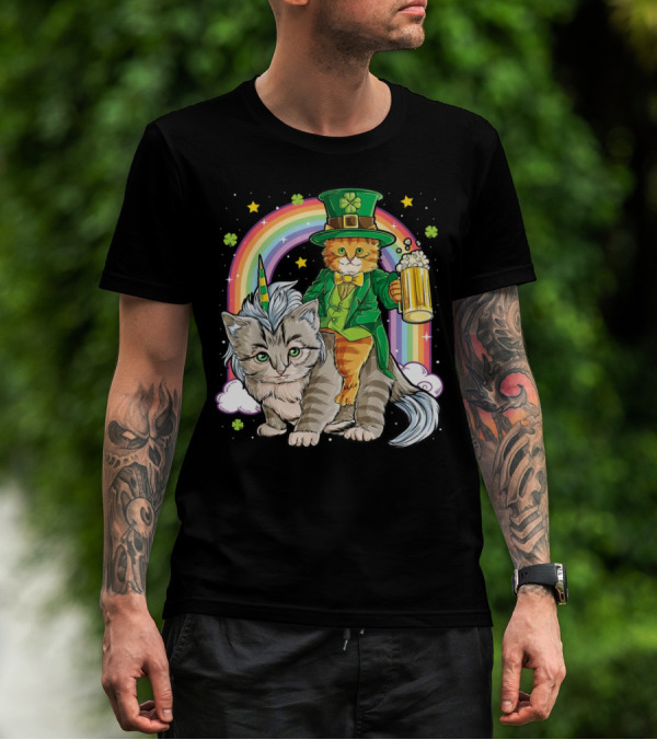 St. Patrick's Day Cat Riding Unicorn With Rainbow And Beer T-Shirt