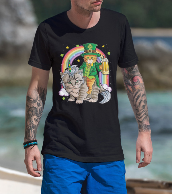 St. Patrick's Day Cat Riding Unicorn With Rainbow And Beer T-Shirt