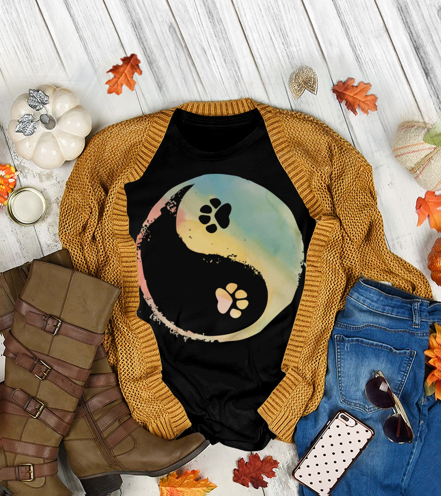 Yin Yang Dog Paw Balance Symbol with Pastel Color Background T-Shirt