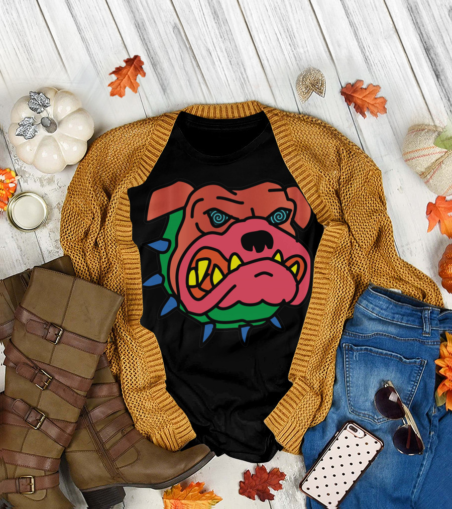 Mad Dog Cartoon Spiked Collar Angry Face T-Shirt