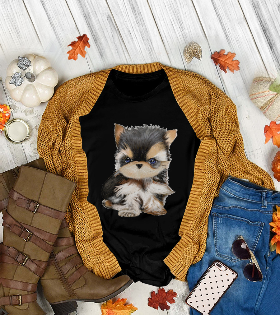 Cutest Fluffy Puppy Artwork with Big Blue Eyes T-Shirt