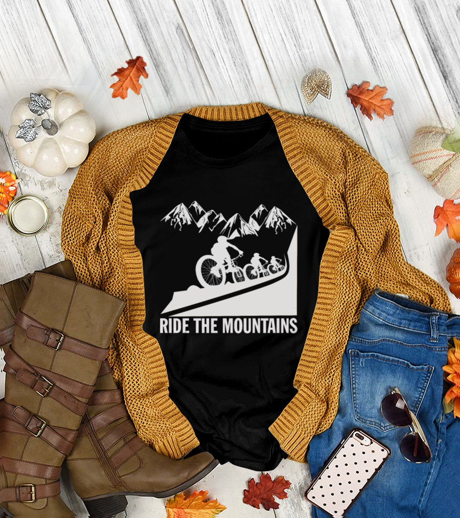 Ride the Mountains MTB Cycling Adventure with Mountain Biking Silhouette and Peaks T-Shirt