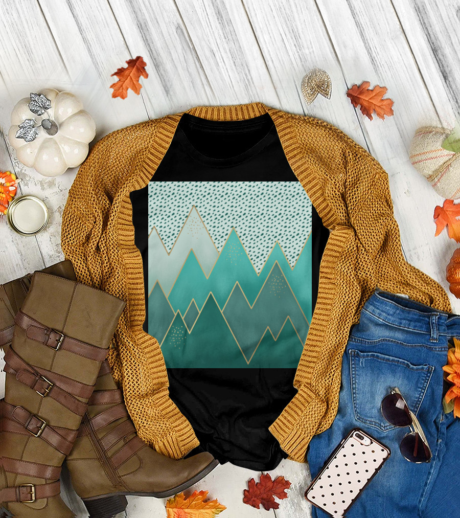 Misty Blue Mountains Geometric Peaks Turquoise T-Shirt