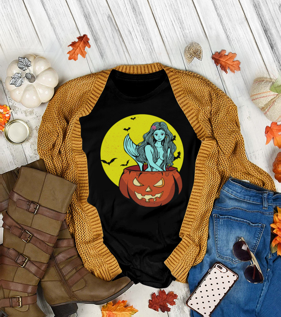 Happy Halloween Pumpkin with Mermaid and Bats T-Shirt