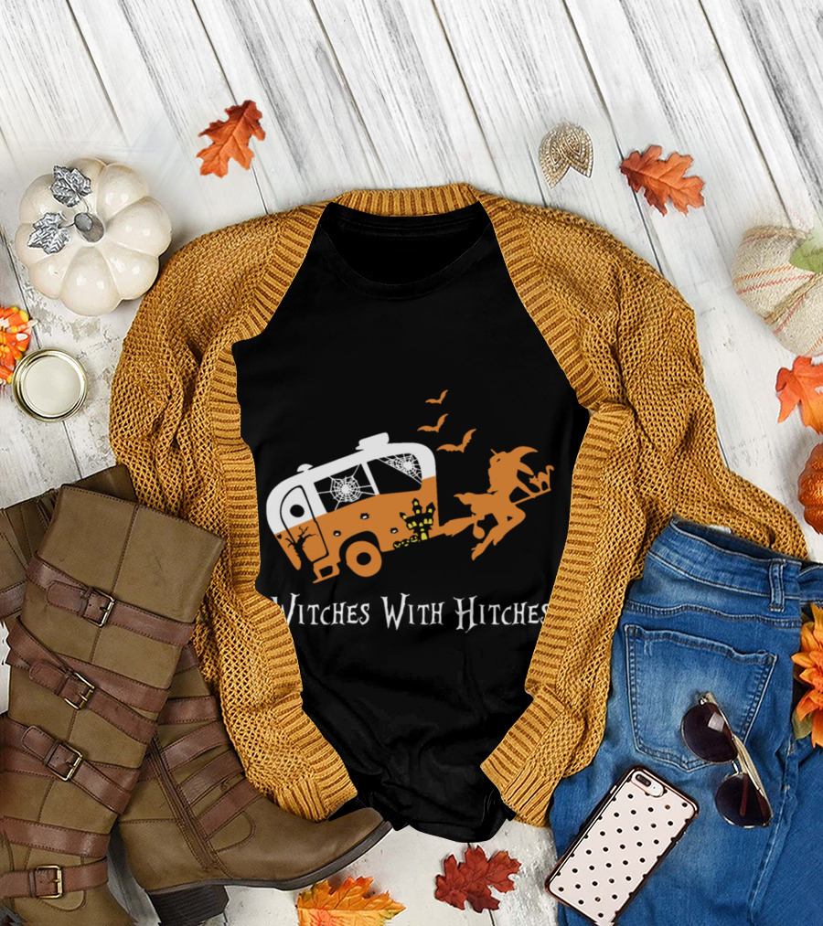 Witches With Hitches Halloween Camper Moon Festival Bats Pumpkins T-Shirt