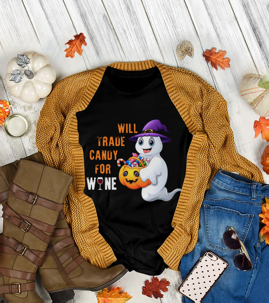 Will Trade Candy for Wine Ghost Halloween Fun T-Shirt