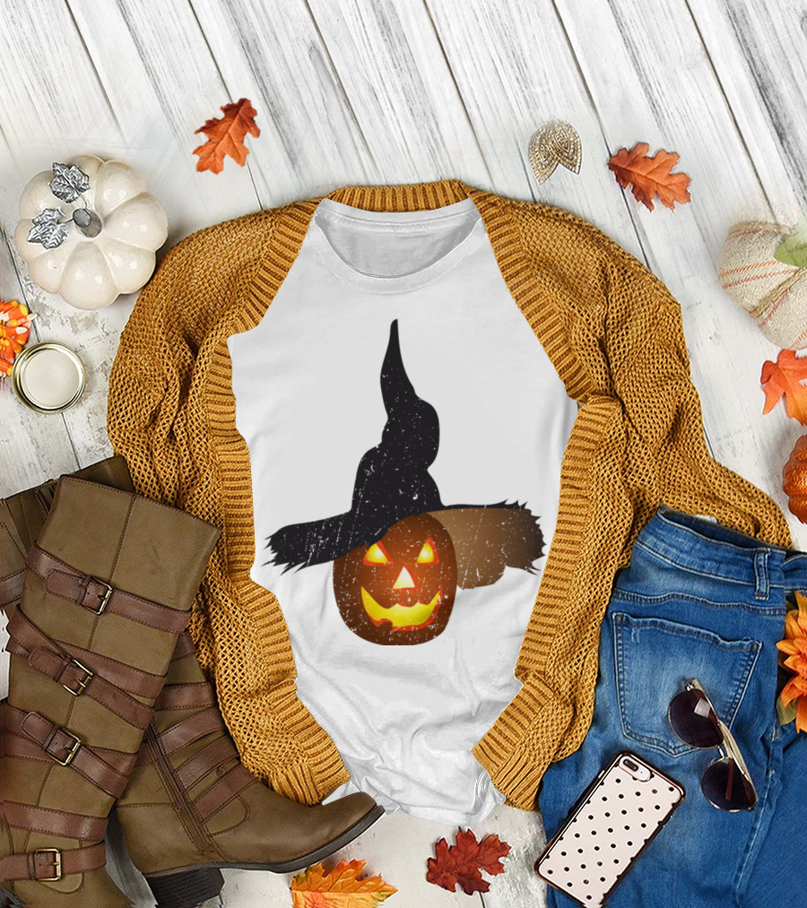 Halloween Pumpkin Glowing Eyes and Witch Hat T-Shirt