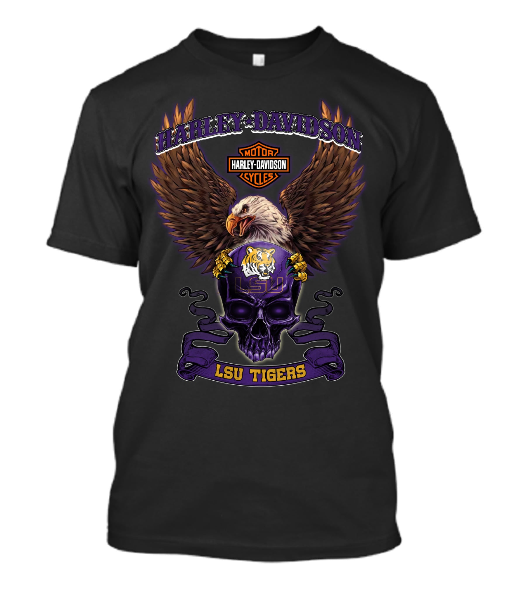 Harley Davidson Lsu Tigers Motor Cycles Eagle Skull T-Shirt