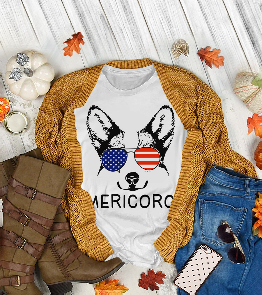 Corgi with American Flag Sunglasses Funny Mericorg Dog T-Shirt