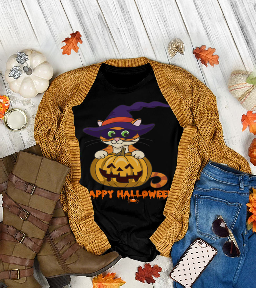 Happy Halloween Cat in Witch Hat with Pumpkin T-Shirt