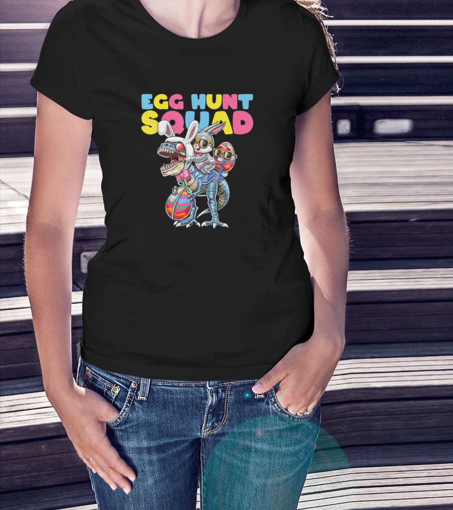 Egg Hunt Squad Easter Bunny Dinosaur With Rabbit Ears And Sunglasses T-Shirt