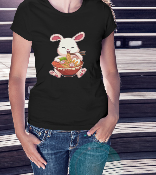 Kawaii Japanese Easter Bunny Eating Ramen Noodles With Egg T-Shirt