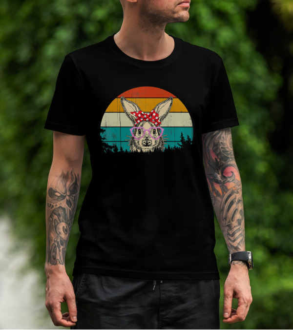Vintage Bunny Rabbit Pink Glasses Hipster Easter Retro Sunset Bow Tie T-Shirt