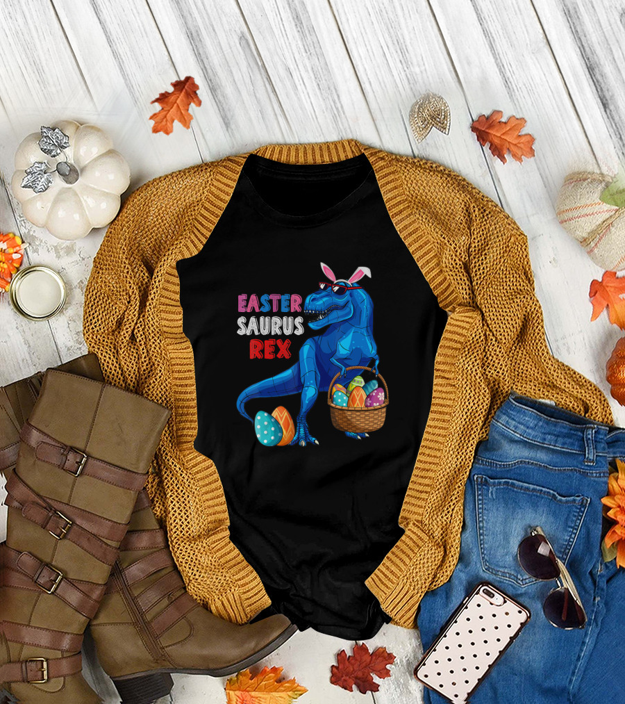 Easter Saurus Rex Dinosaur with Basket of Eggs T-Shirt