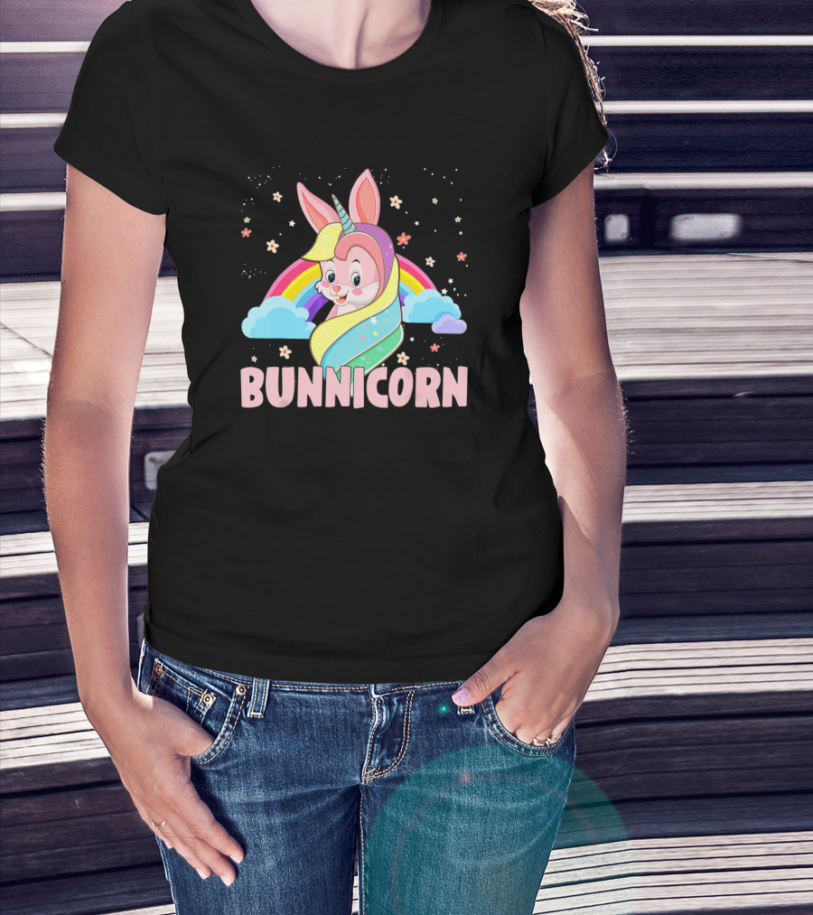 Funny Magical Bunnicorn Unicorn Easter Rainbow Clouds T-Shirt