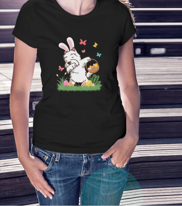 Westie Dog In Bunny Ears Dabbing With Easter Egg Basket And Butterflies T-Shirt