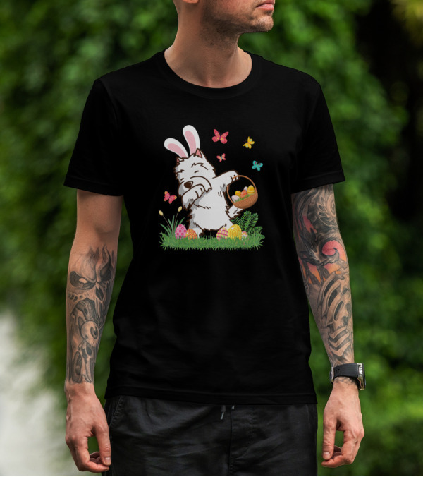 Westie Dog In Bunny Ears Dabbing With Easter Egg Basket And Butterflies T-Shirt