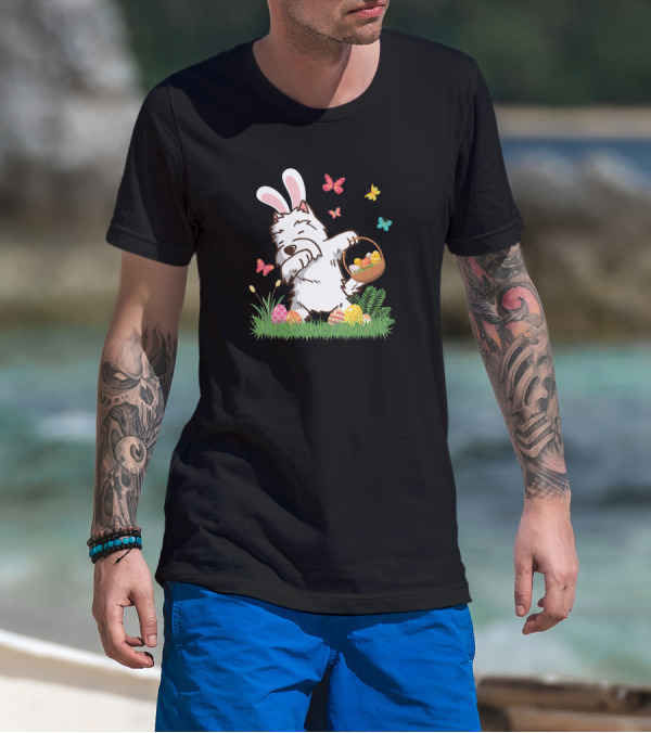 Westie Dog In Bunny Ears Dabbing With Easter Egg Basket And Butterflies T-Shirt