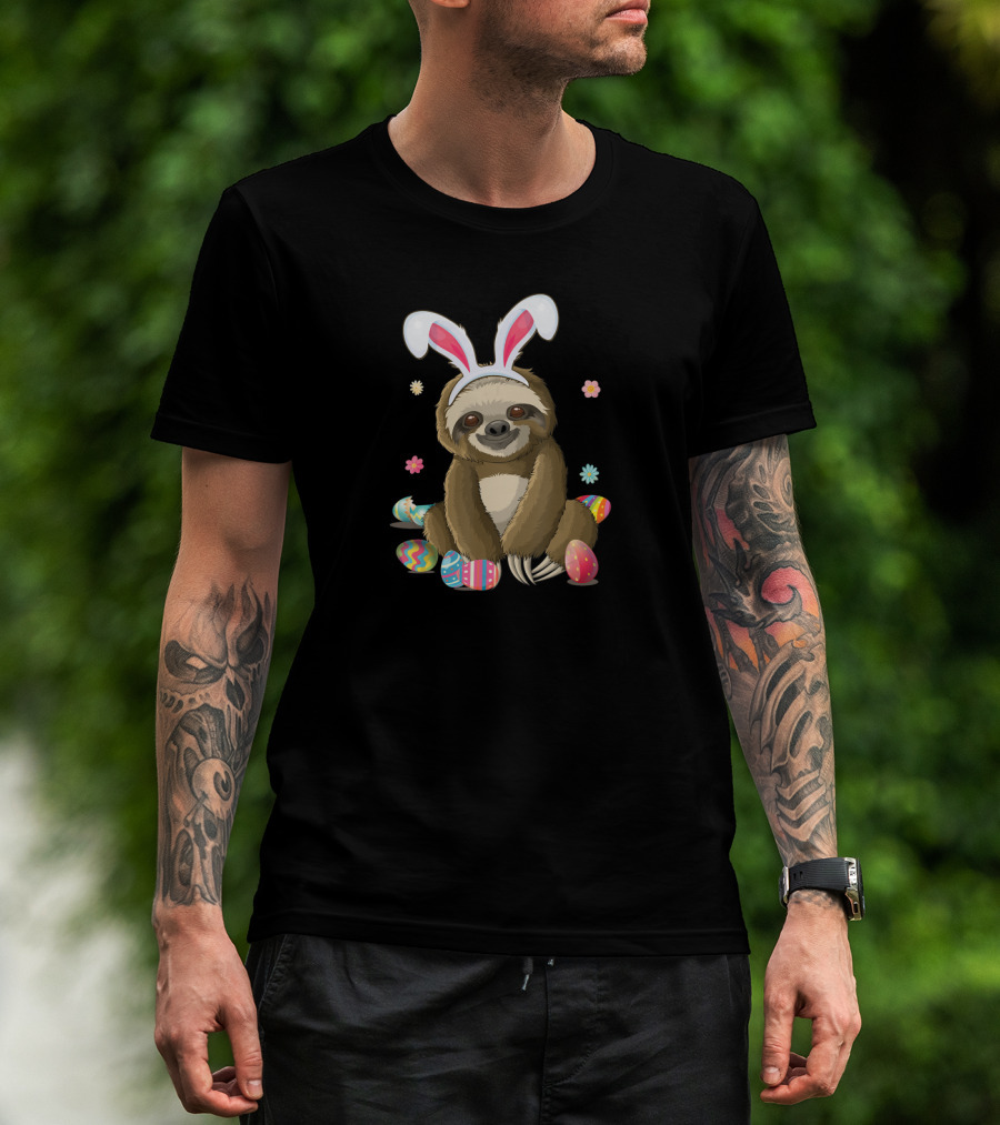 Sloth Bunny Easter Day Egg Hunt With Flowers T-Shirt