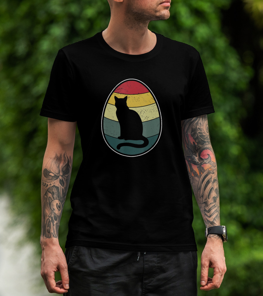 Retro Vintage Cat Silhouette In Colorful Easter Egg Stripes T-Shirt