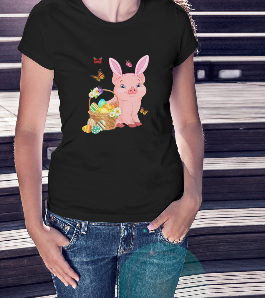 Pig Wearing Bunny Ears With Easter Egg Basket And Butterflies T-Shirt