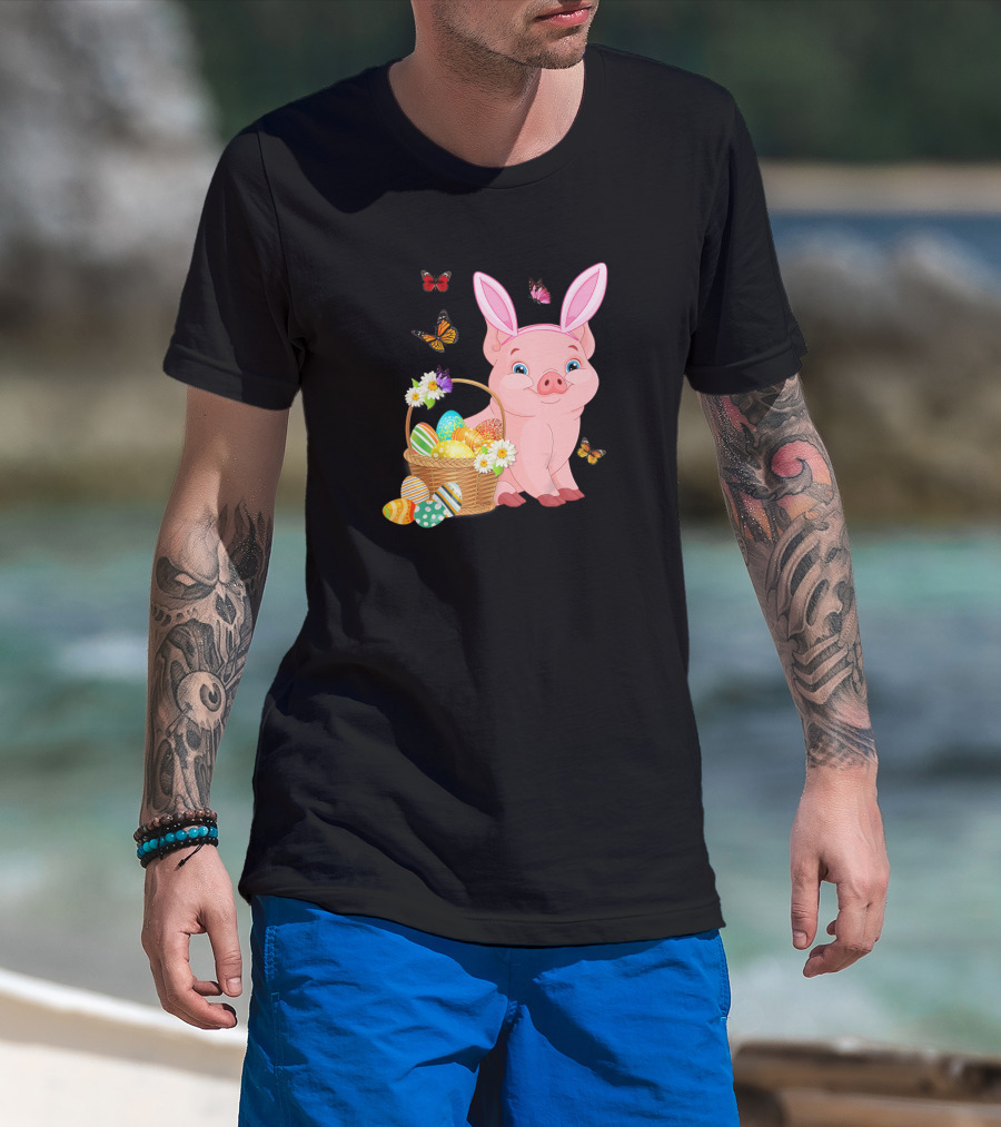 Pig Wearing Bunny Ears With Easter Egg Basket And Butterflies T-Shirt