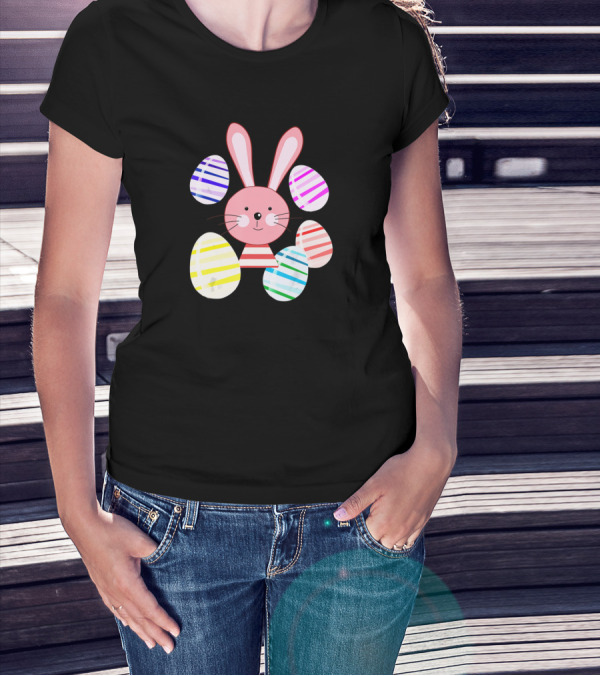 Happy Easter Bunny And Colorful Striped Easter Eggs T-Shirt