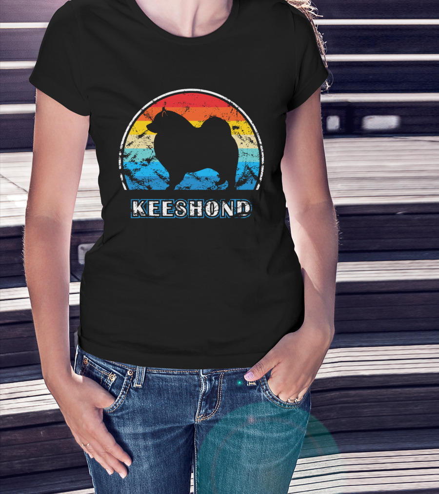 Keeshond Retro Silhouette Rainbow Stripes T-Shirt
