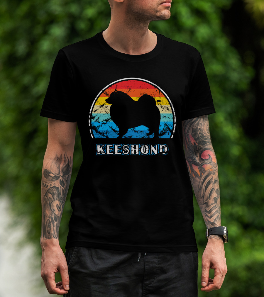 Keeshond Retro Silhouette Rainbow Stripes T-Shirt