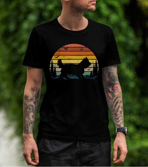 Yorkipoo Vintage Retro Sunset Silhouette With Birds And Trees T-Shirt