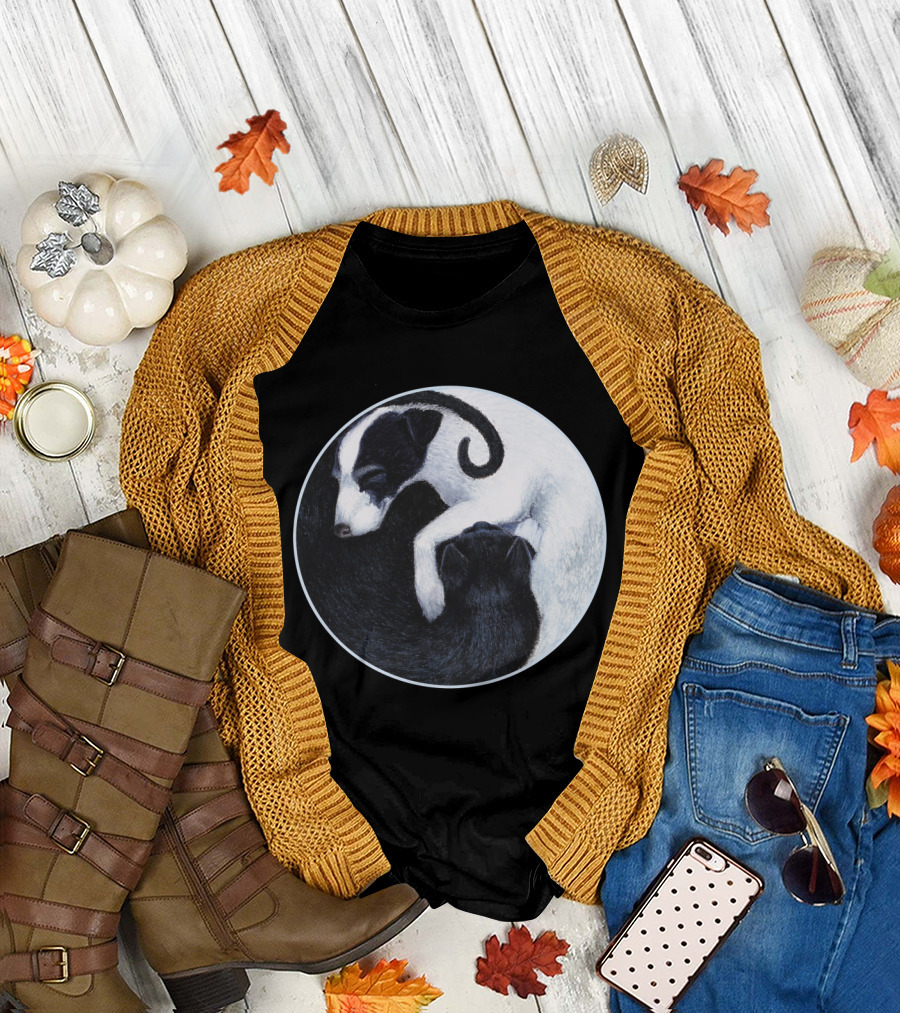 Yin Yang Cat Dog Harmony Embracing Balance in Black and White Circle T-Shirt
