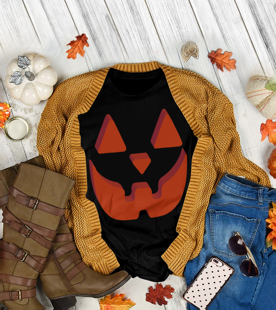 Halloween Grin Pumpkin Cat Scary Face T-Shirt