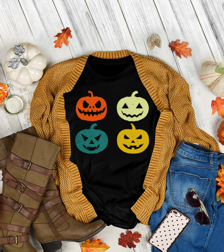 Vintage Pumpkin Funny Jack-O'-Lantern Faces T-Shirt