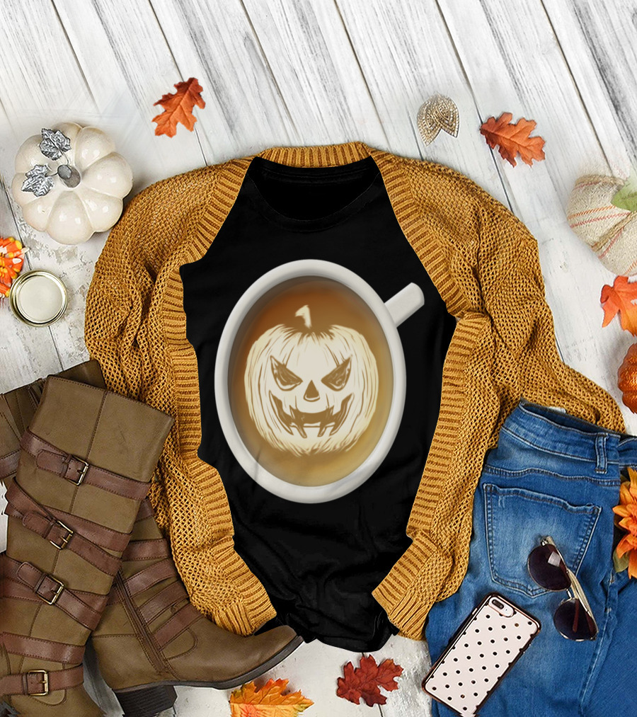 Pumpkin Latte Art Halloween Cappuccino Coffee T-Shirt