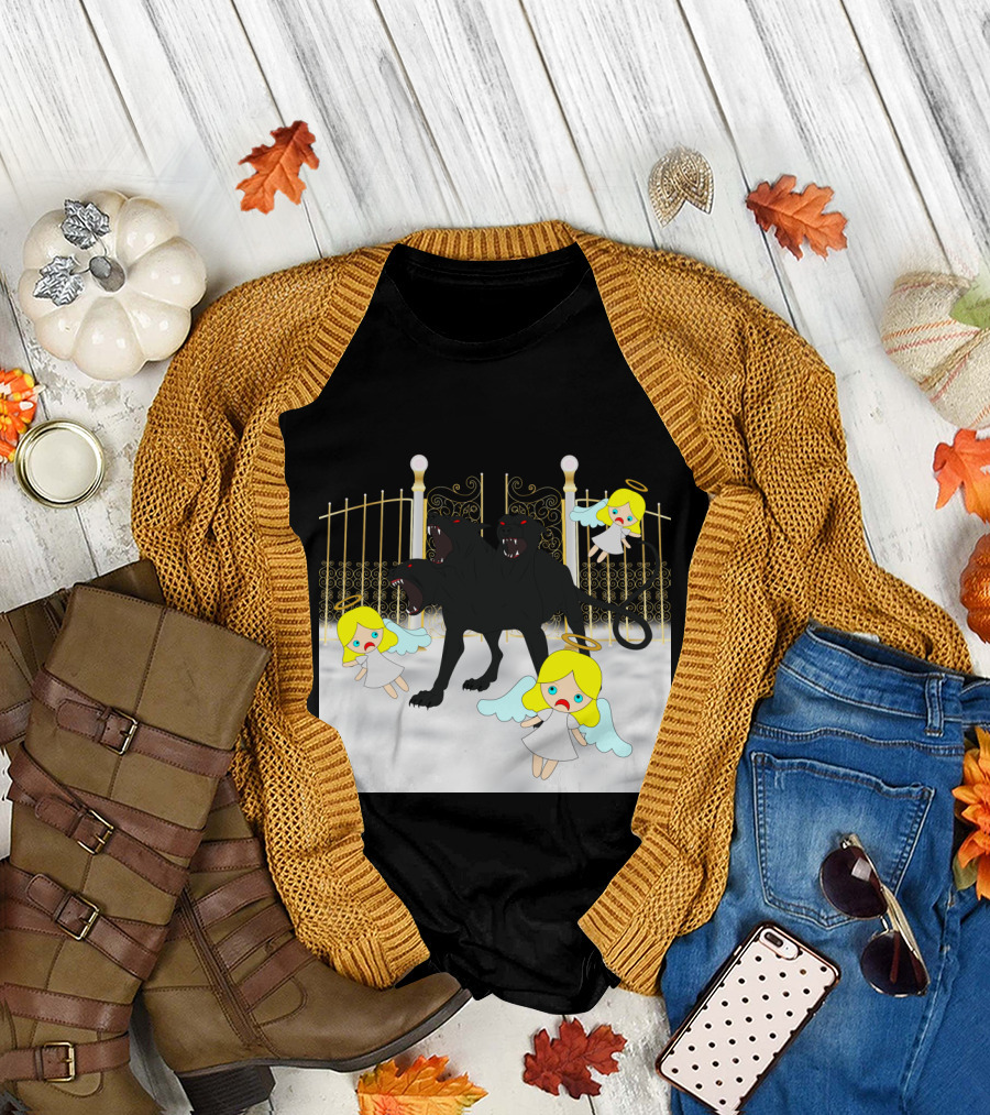 Dog Bites God Cerberus Attacks Angels at Golden Gates T-Shirt