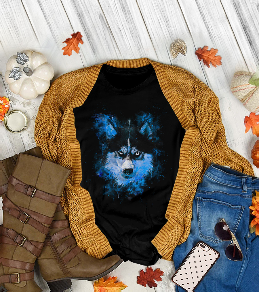 Husky Dog Face Splatter Watercolor Blue T-Shirt