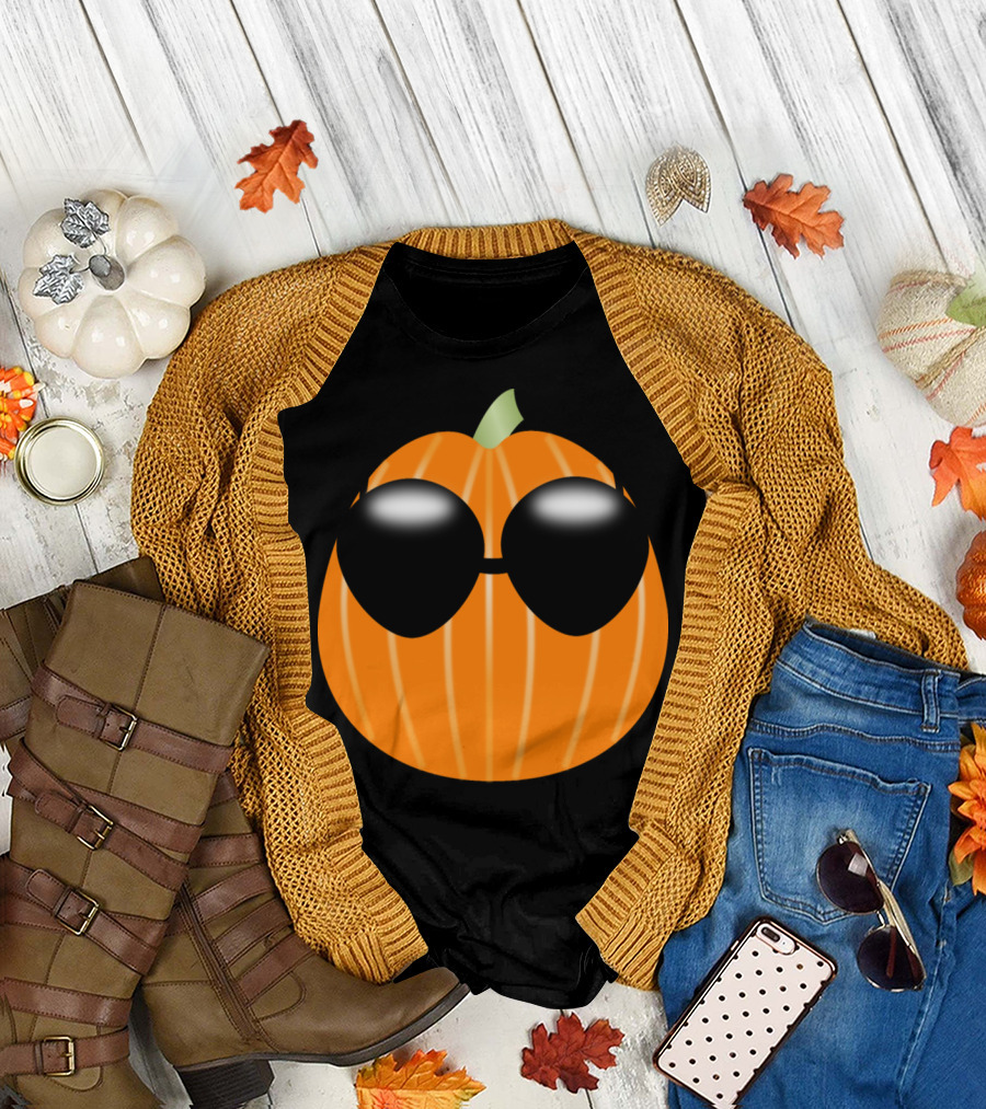Pumpkin Wearing Sunglasses Dark Background Halloween T-Shirt