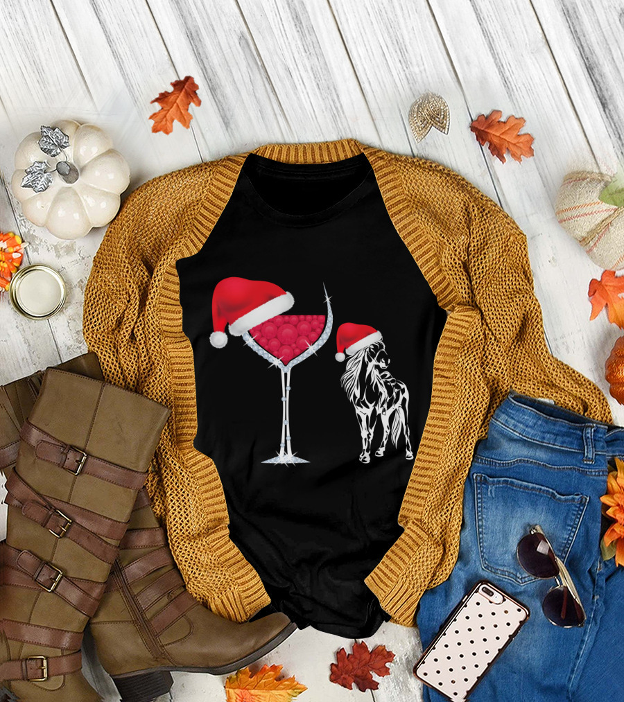 Santa Hat Christmas Horse and Wine Glass T-Shirt