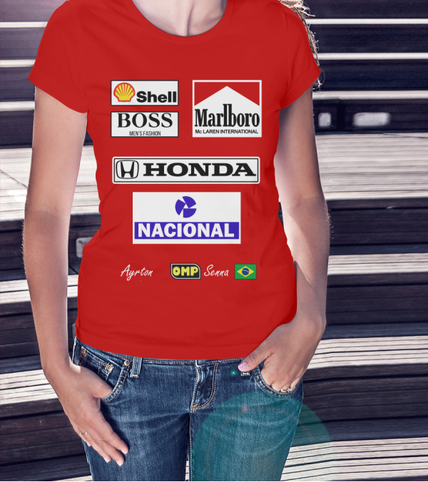 Shell Boss Marlboro McLaren Honda Nacional Ayrton Senna OMP Brazil Flag T-Shirt
