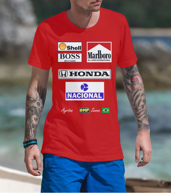 Shell Boss Marlboro McLaren Honda Nacional Ayrton Senna OMP Brazil Flag T-Shirt